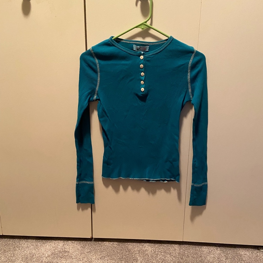 Y2K BDG teal ribbed henley long sleeve top